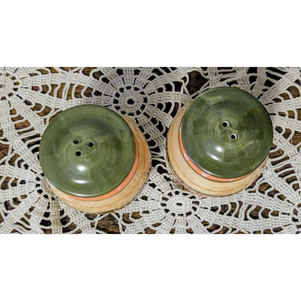 Vintage Striped Salt and Pepper Shakers Hand Painted Ceramic Orange Green Retro